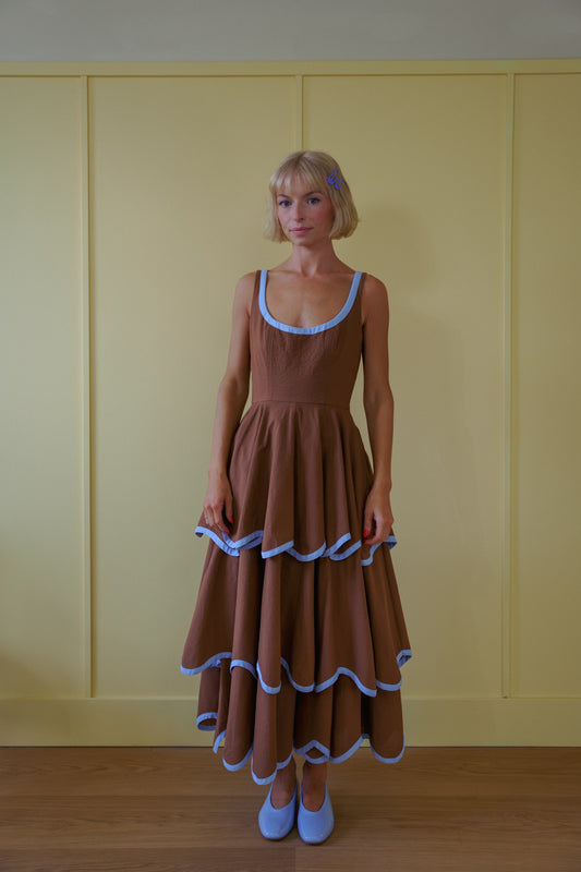 The Millie Dress in Saddle Brown and Sky Blue - PREORDER
