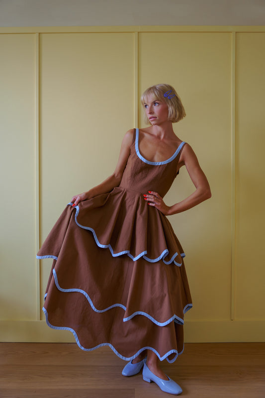 The Millie Dress in Saddle Brown and Sky Blue - PREORDER