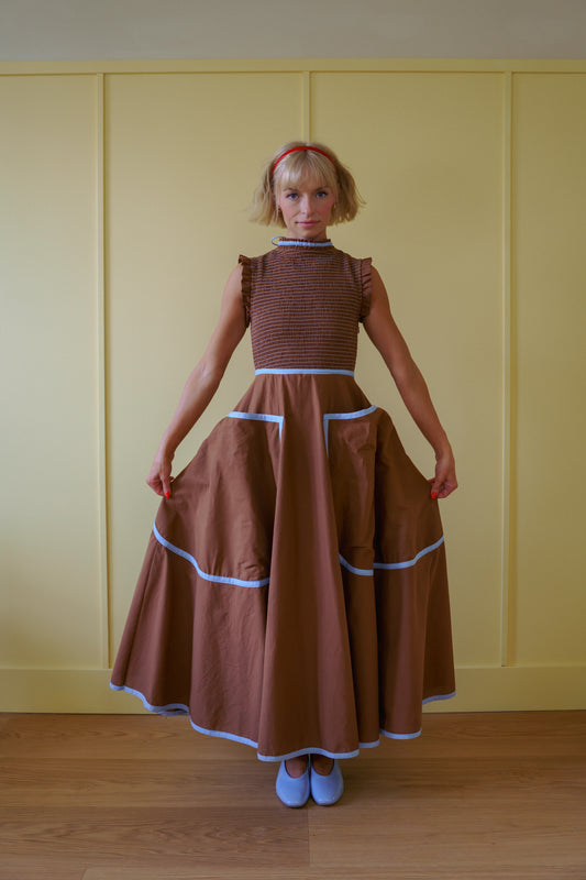 The Margot Dress in Saddle Brown & Sky Blue PRESALE