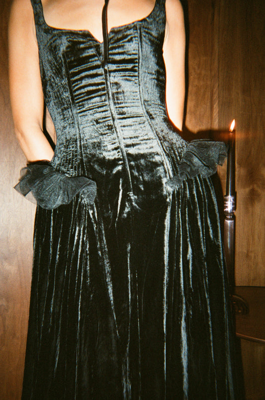 Ella Dress in Black Silk Velvet - PREORDER